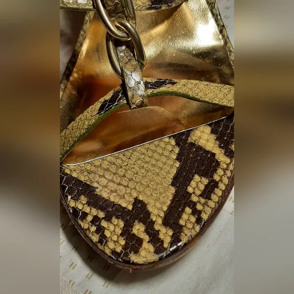 COACH | Green-ish Snake Skin Gold Ankle Strap Heels - Picture 9 of 16